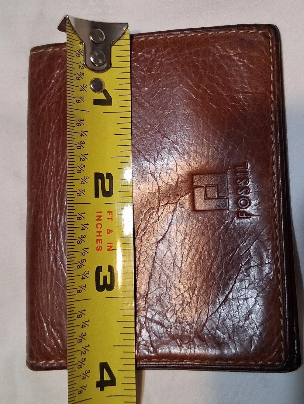 Vintage Fossil Brown Leather Slim Bifold Card Case Wallet Plaid ID Window Y2K